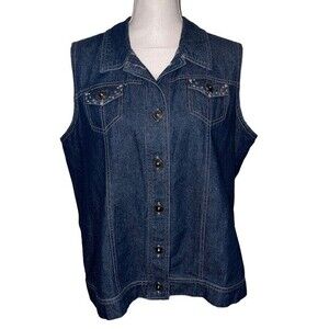 Blair Embellished Cotton Blue Denim Vest Large Button Up